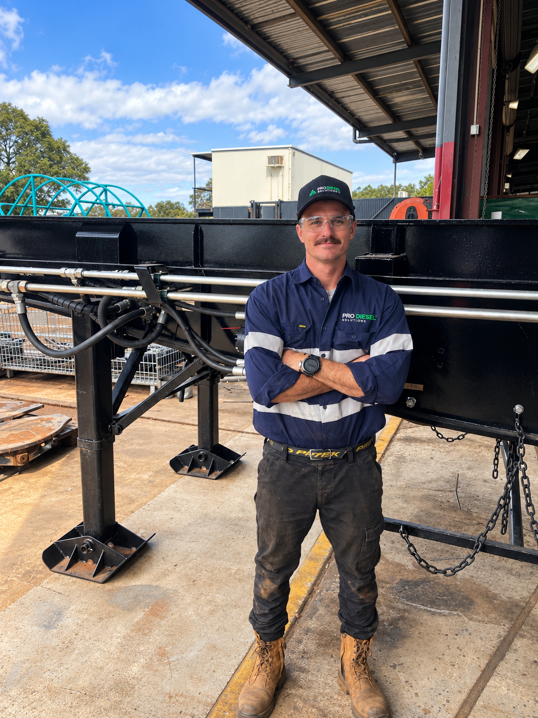 Pro Diesel Solutions technician wearing safety glasses while servicing hydraulic equipment